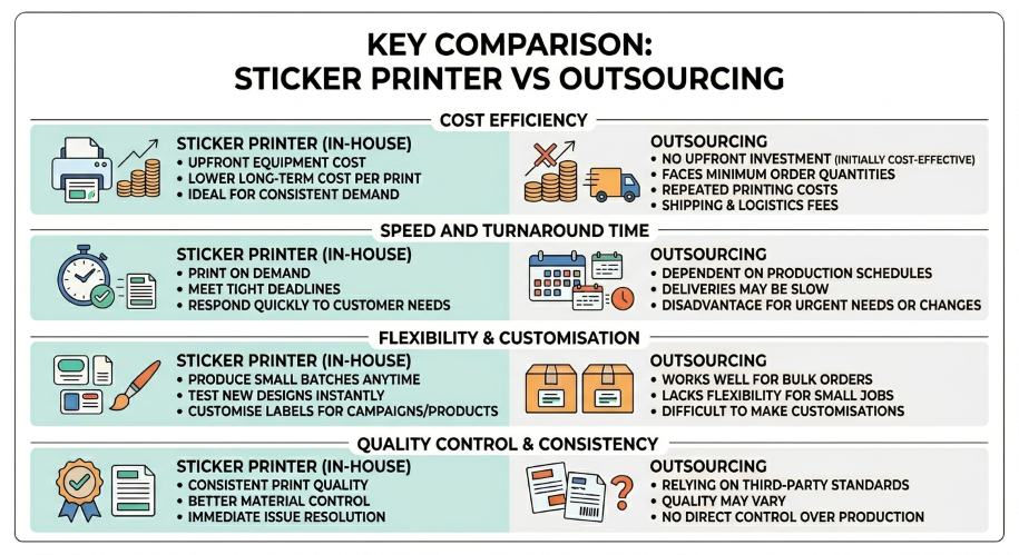 Key Comparison: Sticker Printer vs Outsourcing