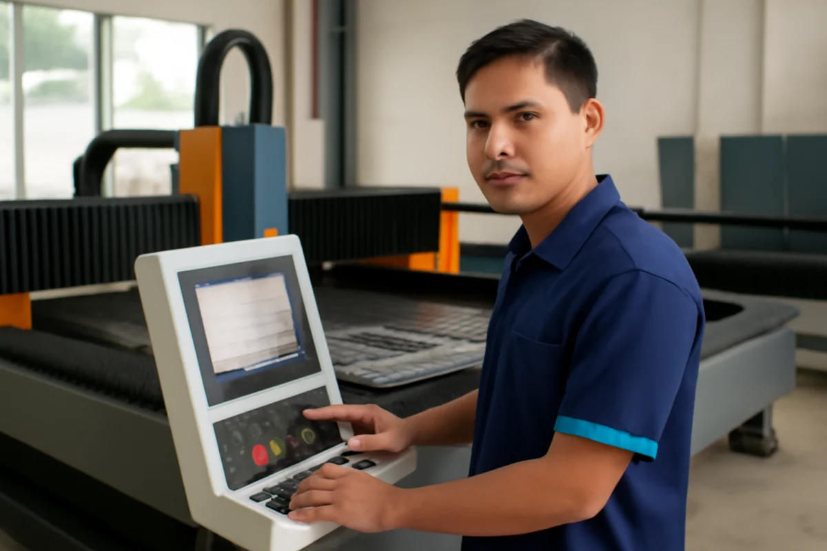 Technician adjusting settings on a laser cutting machine